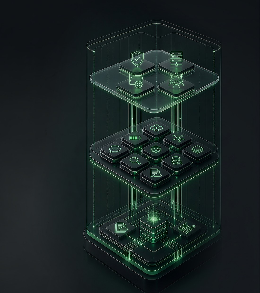Agent Fabric render: a glass tower of agent tiles stacked on a governed core.