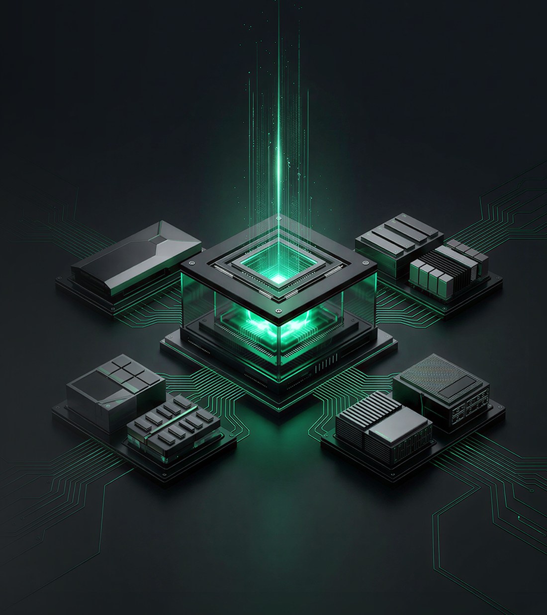 Engine Fabric render: a glowing control core surrounded by compute modules.