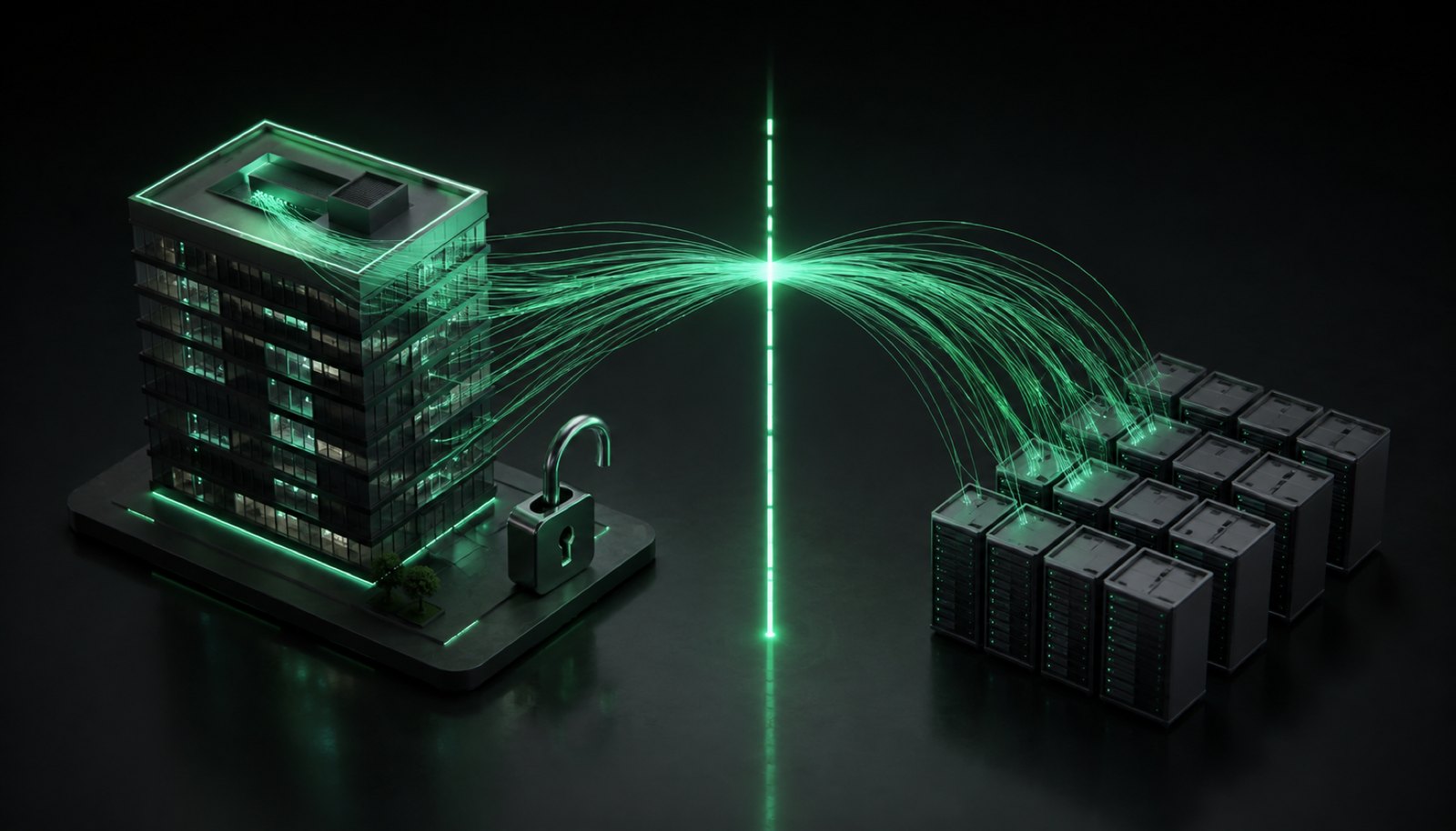 Your building on the left. Data threads leave it, cross a border line, and pour into someone else's servers abroad. The lock is open.