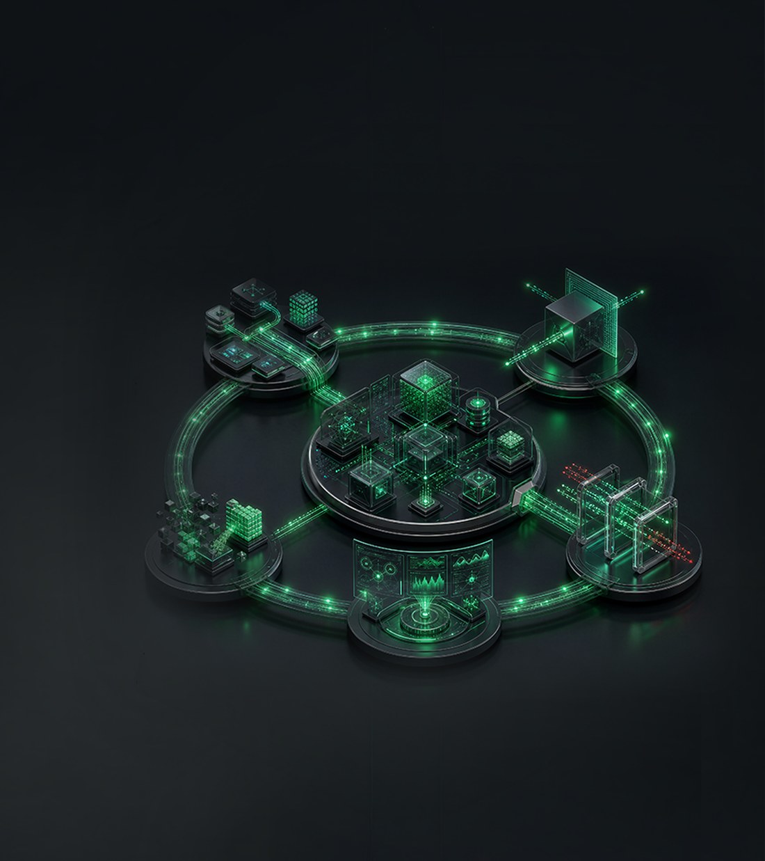 Security Fabric render: a protective ring of monitoring stations around a secured core.